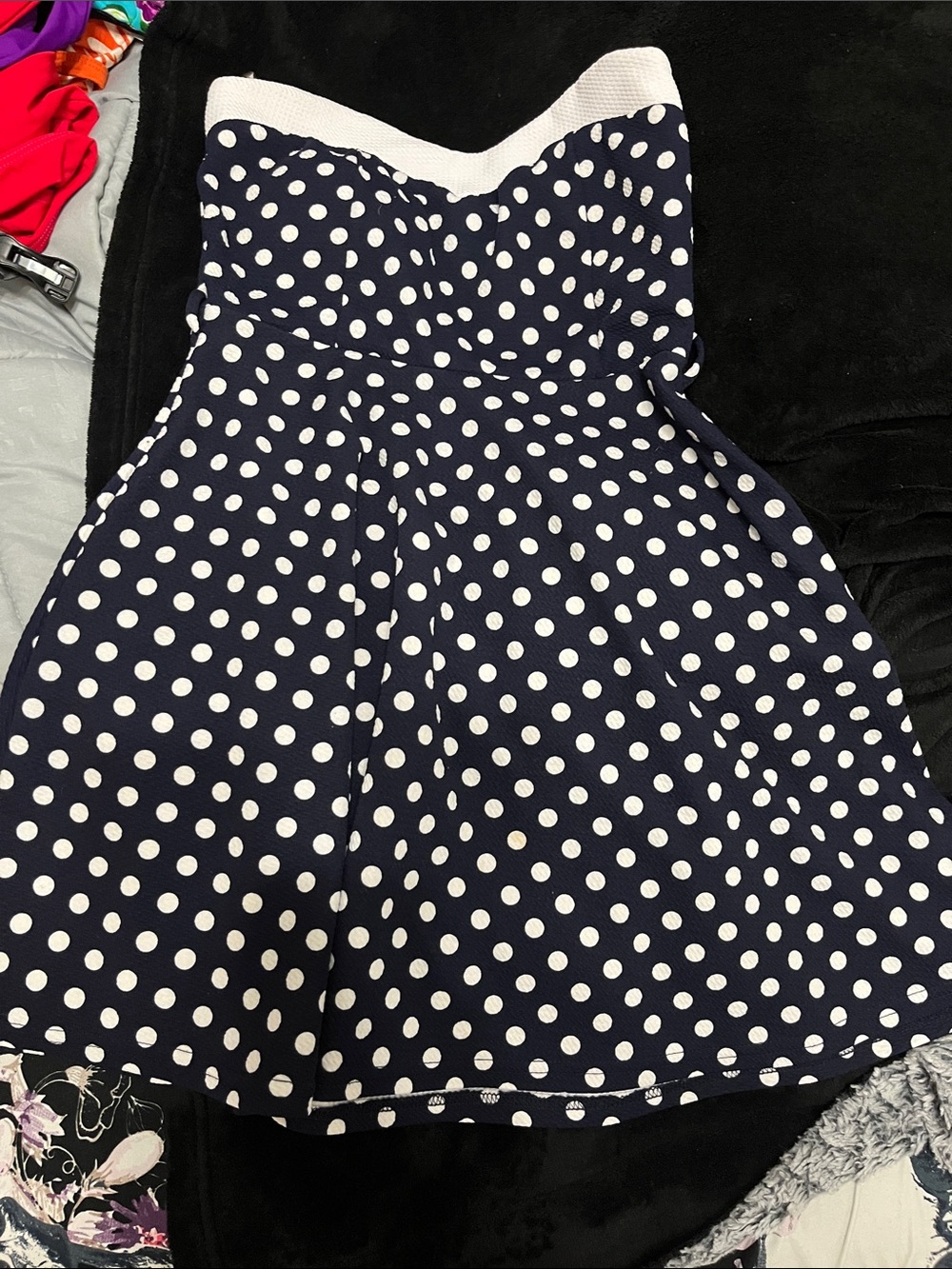 Love Navy and White Polka Dot Strapless Dress